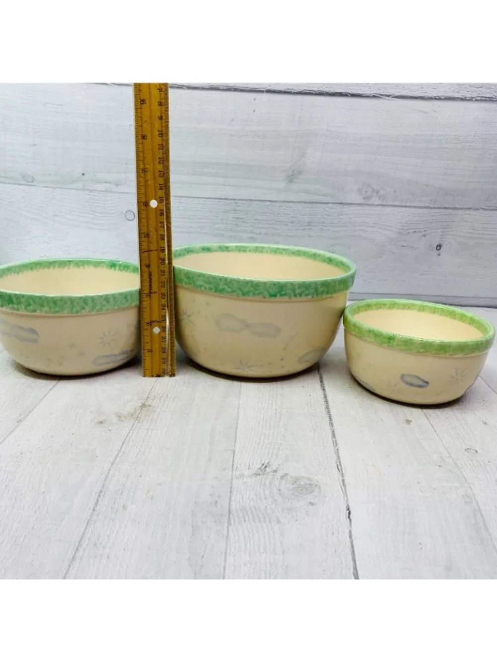 Vintage Vital Unit ANGELS GREEN SPONGE Clouds Stars Stoneware Nesting Bowl Set 3